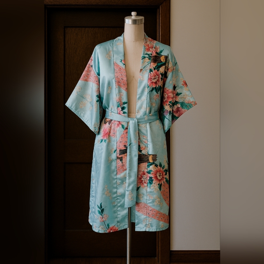 Floral Kimono Robe in Blue and Pink
